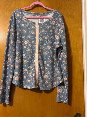 Blakely Blue Floral Button-Down Top with Pink Trim